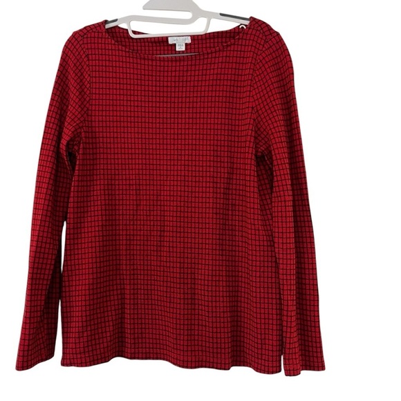 J Jill | Red Ponte Knit Top Black Plaid Boatneck Long Sleeve Petite Small - Picture 2 of 9